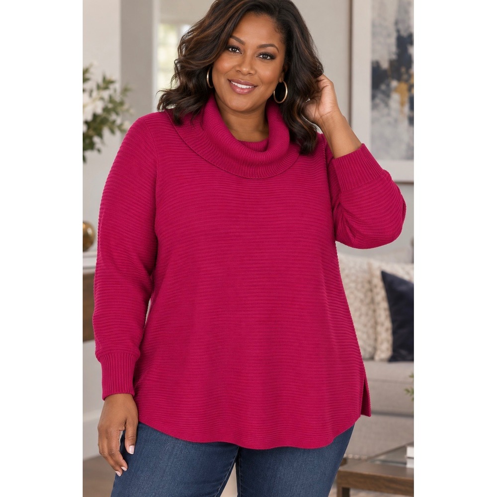 Cyrus Magenta Pink Ribbed Cowl Neck Sweater 1X Plus Size Oversized Knit Top